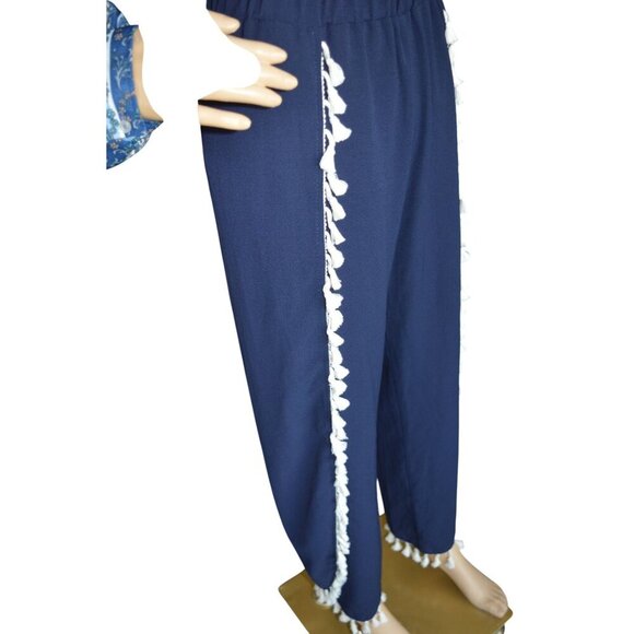 NWT Green Envelope Navy Blue Tulip Harmen Pants White Tassels Womens Small Boho - Picture 2 of 10